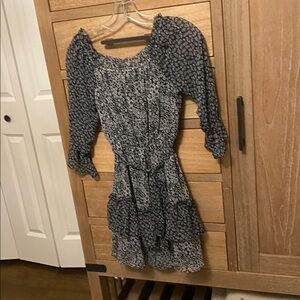 LOFT Petite Navy Monochrome Belted Strapless Floral Dress